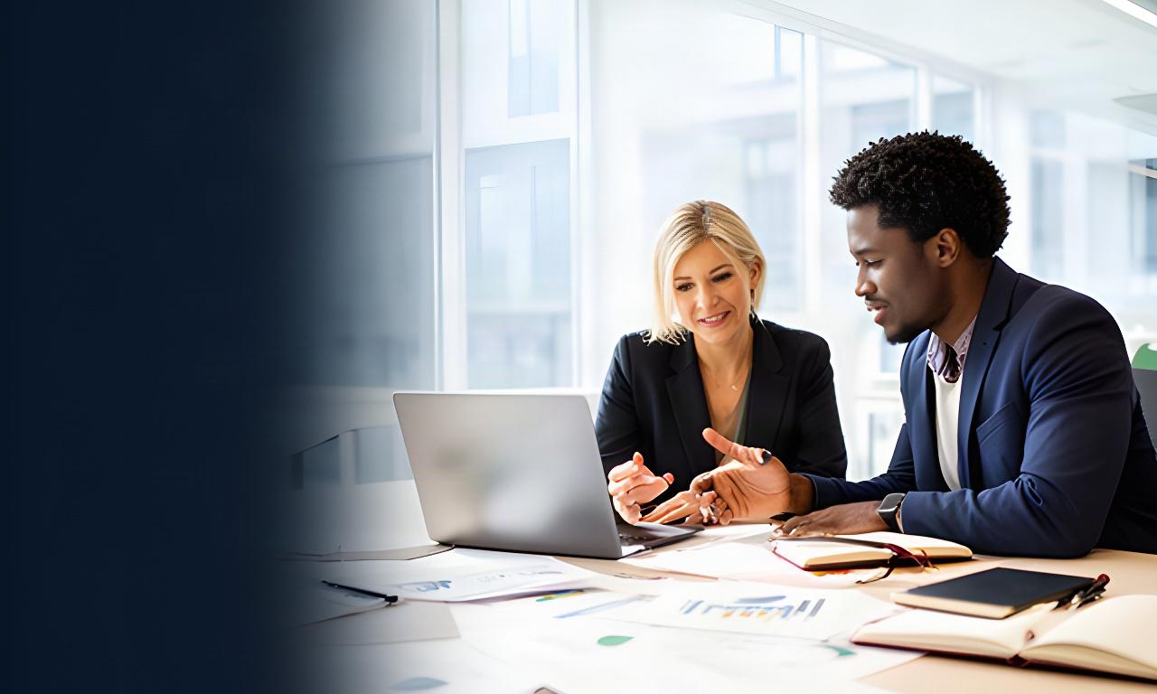 Administratieve professionals overleggen aan een lichte kantoortafel met laptop en financiële rapporten