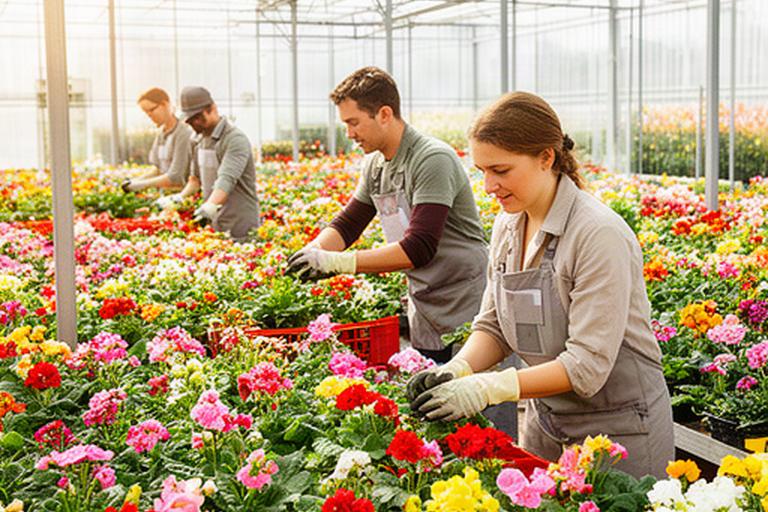 Seizoensmedewerkers aan het werk tussen bloeiende gewassen in een kas in de Bollenstreek