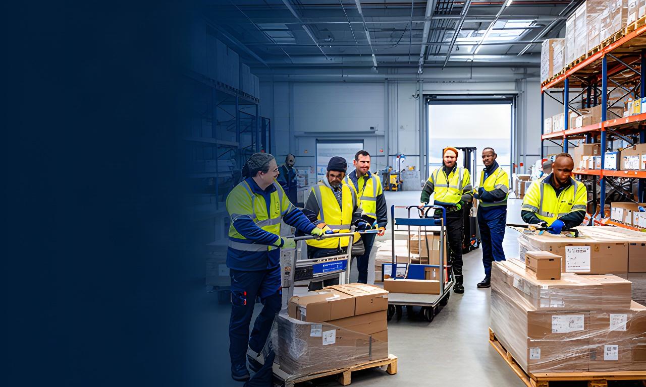 Magazijnmedewerkers met pallets en orderwagens in een distributiecentrum nabij Schiphol