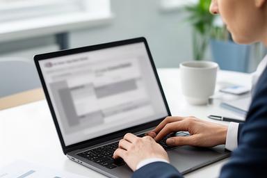 Yves Acheffay bekijkt een administratief profiel op een laptop in het recruitmentkantoor
